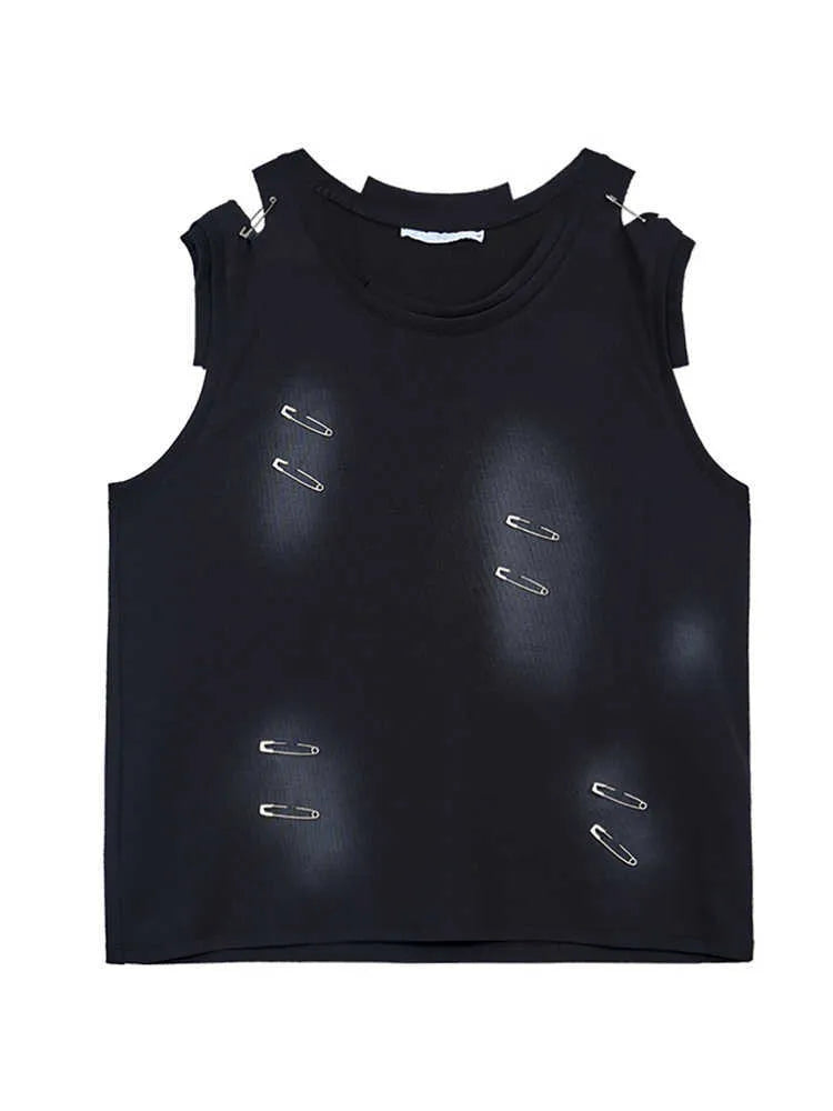 Men's black waistcoat vest with ripped irregular cutting detail, round neck, and sleeveless t-shirt style.
