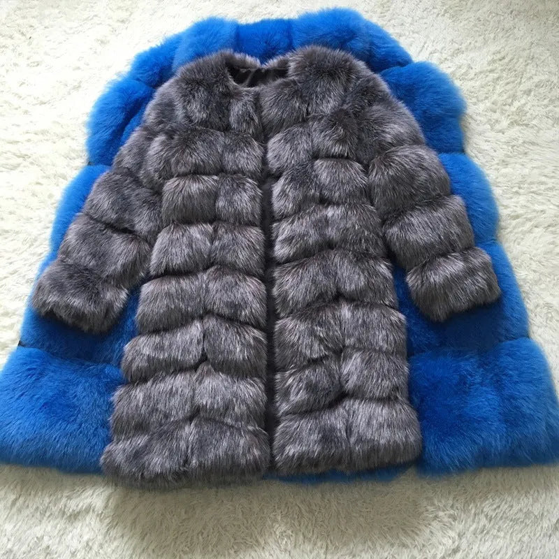 Women's long artificial fur coat in a choice of colours including black, camel, and wine red.