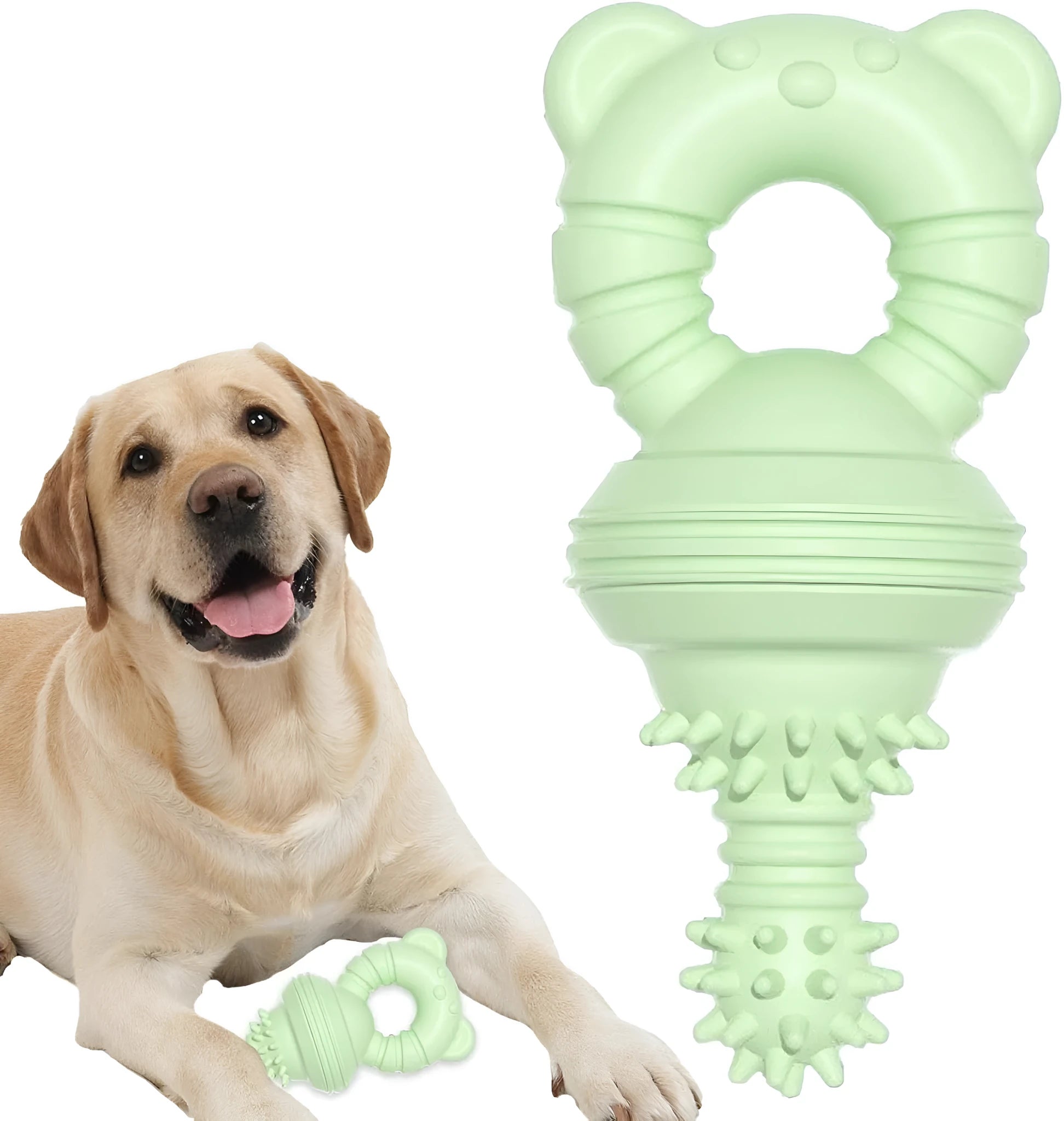 Blue rubber dog chew toy with textured surface and bell inside for teeth cleaning and play