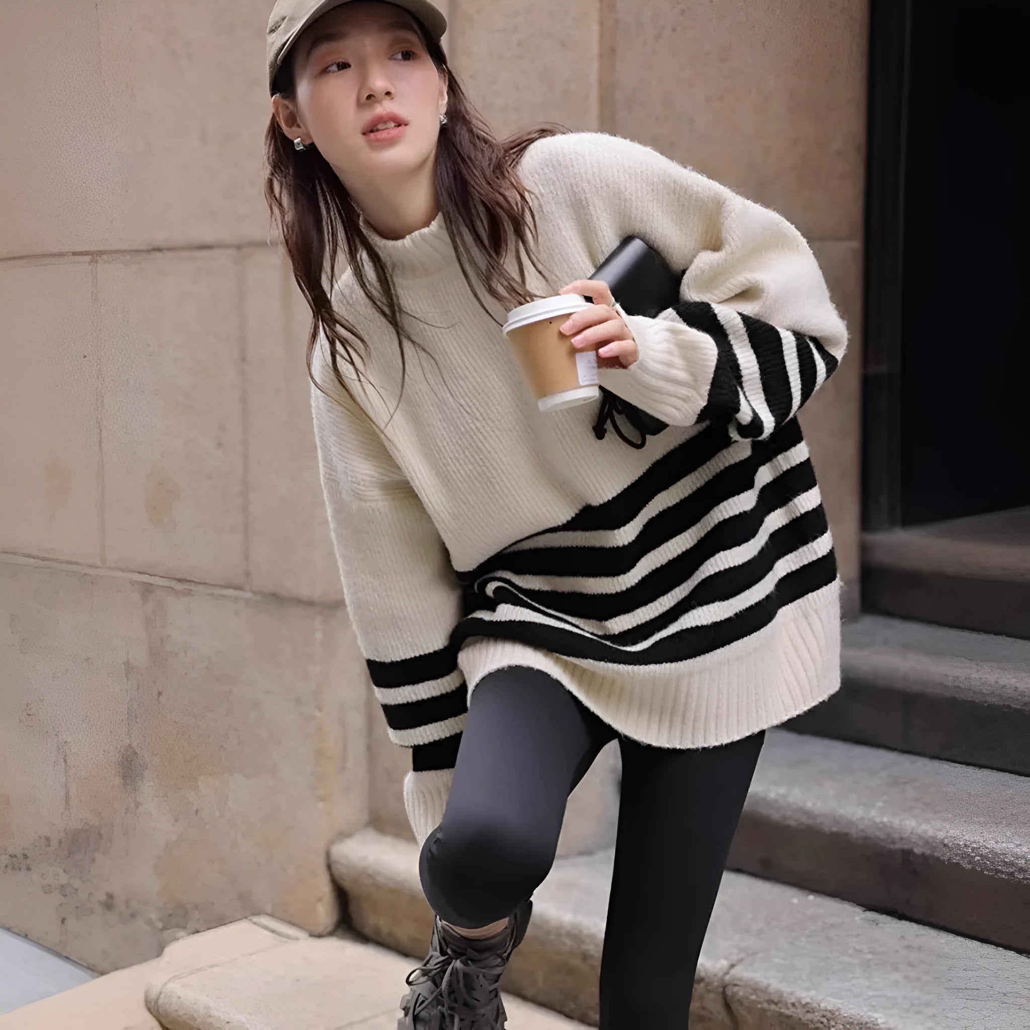 Beige loose maternity sweater with stand collar and long sleeves on a plain background