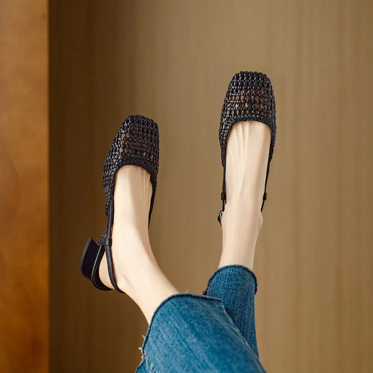 Women's beige woven sandals with closed square toe, chunky heel, and buckle strap on a white background.