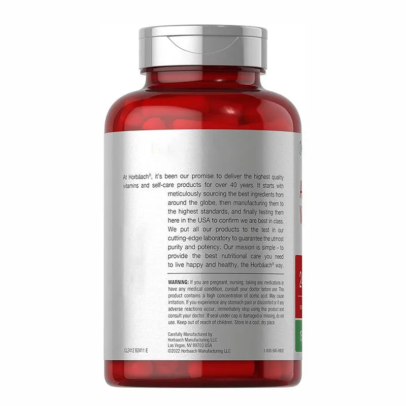 Apple cider vinegar health supplement capsules in container with 150 tablets