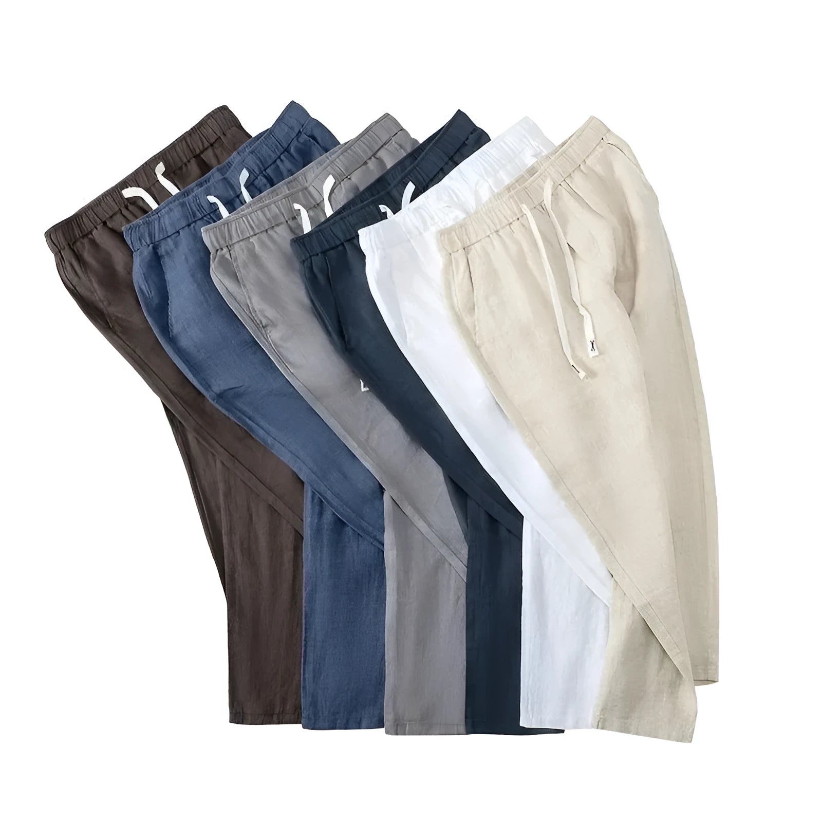 Long straight pure linen trousers with elastic low waist and drawstring in white, black, blue, gray, and apricot colors