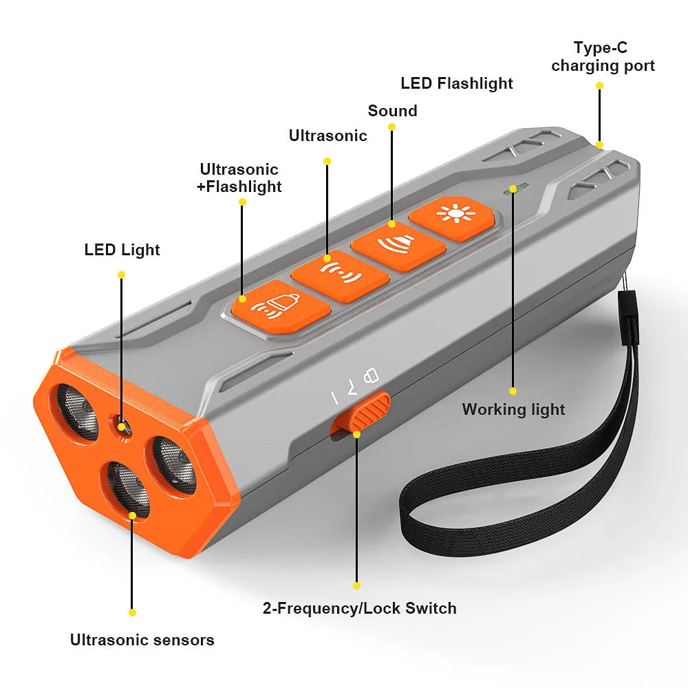 Handheld ultrasonic dog trainer with three sound heads in black and orange ABS plastic.