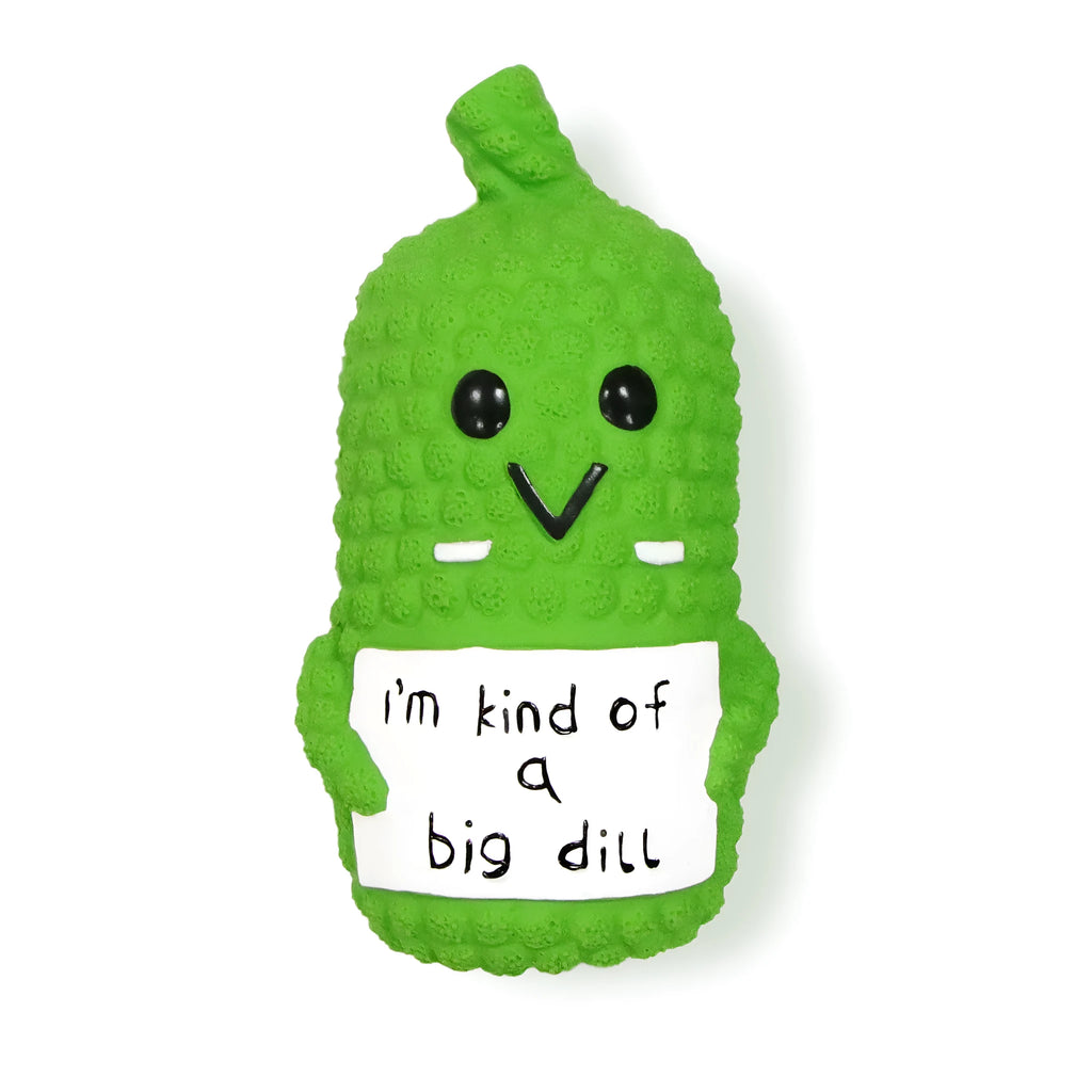 Green pickle-shaped latex dog chew toy with textured surface for teething puppies