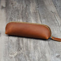 Handmade cowhide leather pencil case measuring 18cm long with zipper closure in black brown dark brown or yellow