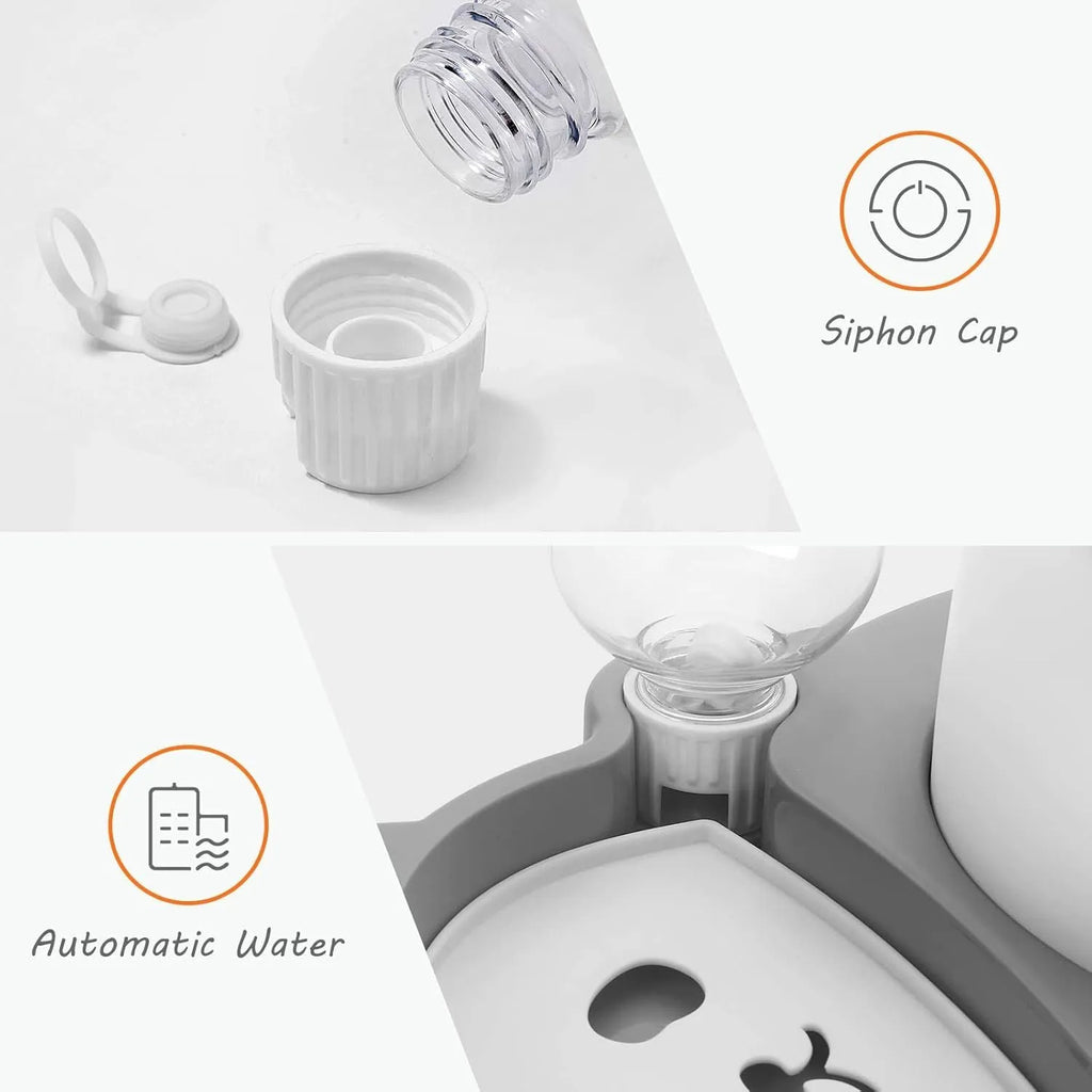 Grey panda-shaped elevated pet feeder with automatic water bottle and tilted food bowls