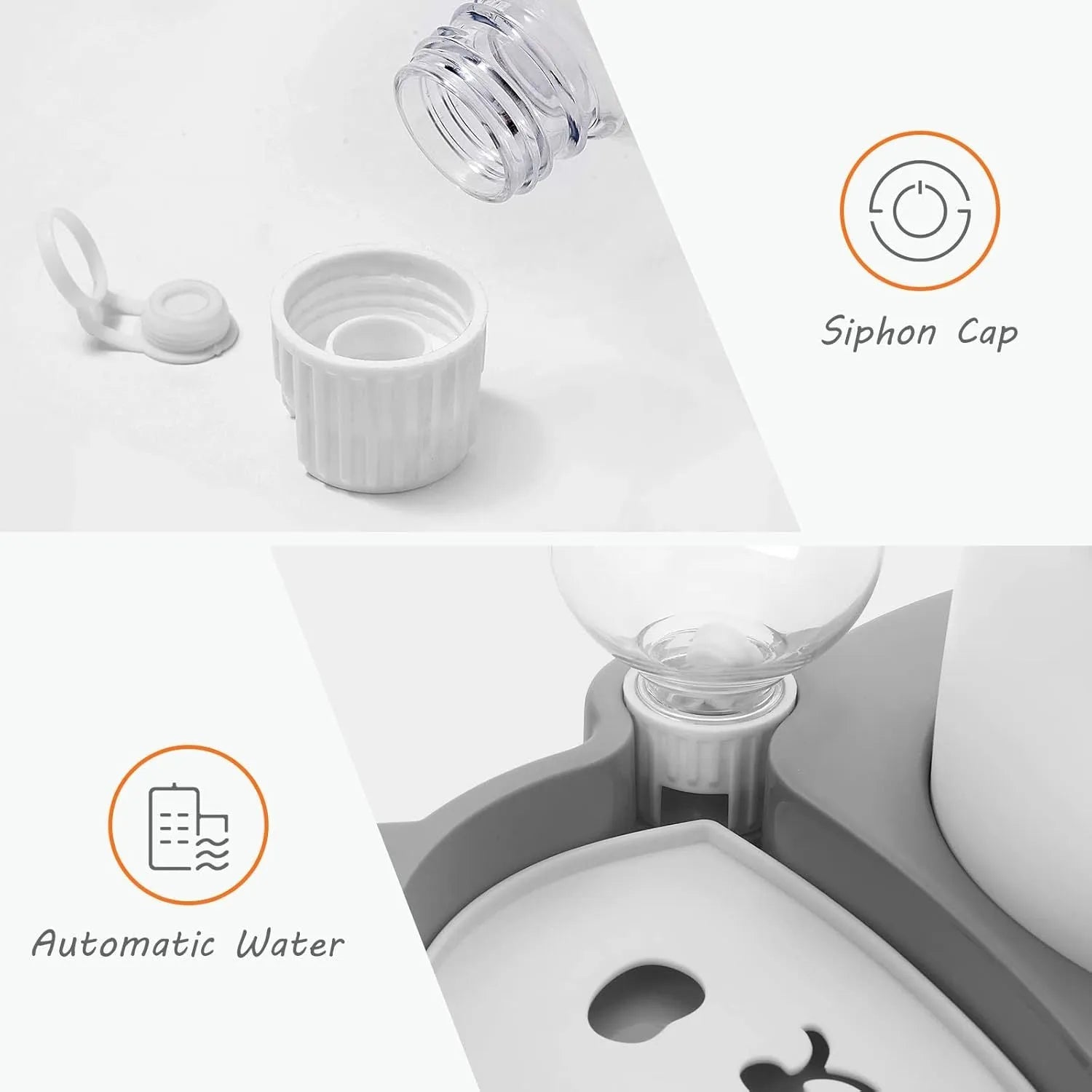 Grey panda-shaped elevated pet feeder with automatic water bottle and tilted food bowls