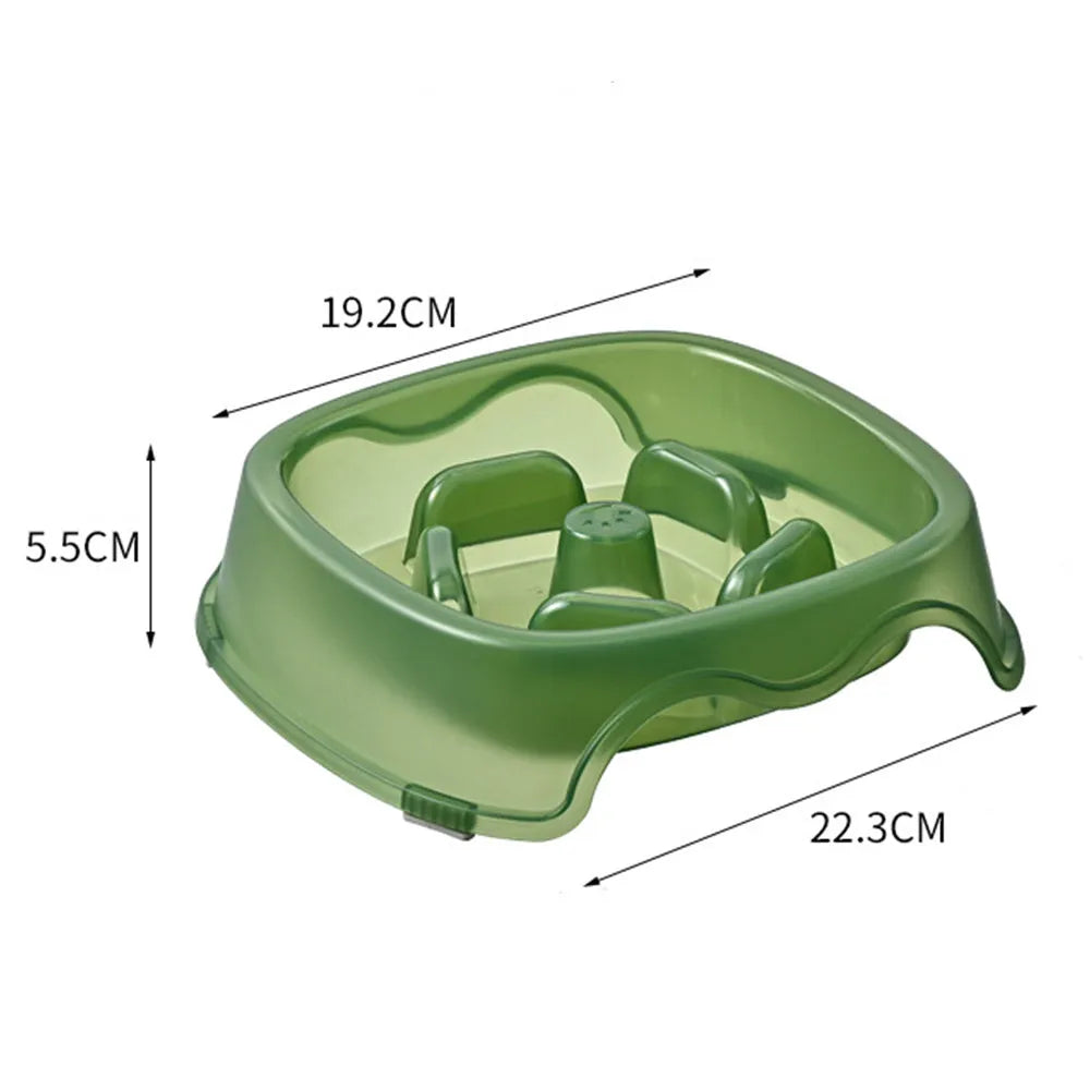 Blue plastic dog slow feeder bowl with raised internal maze pattern for anti-choking feeding