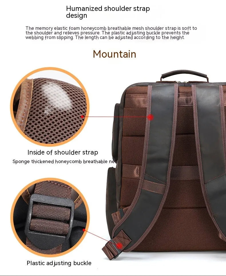 Dark brown retro genuine leather backpack for men with a 17-inch laptop compartment.