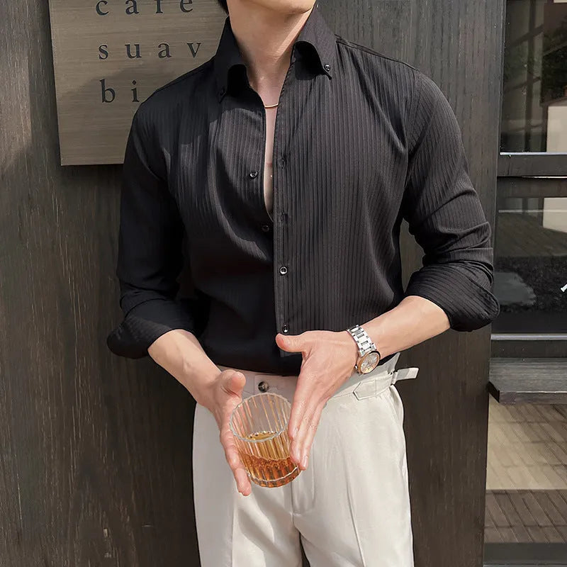 Men's dark striped V-neck long sleeve shirt in chemical fibre blend fabric available in multiple sizes