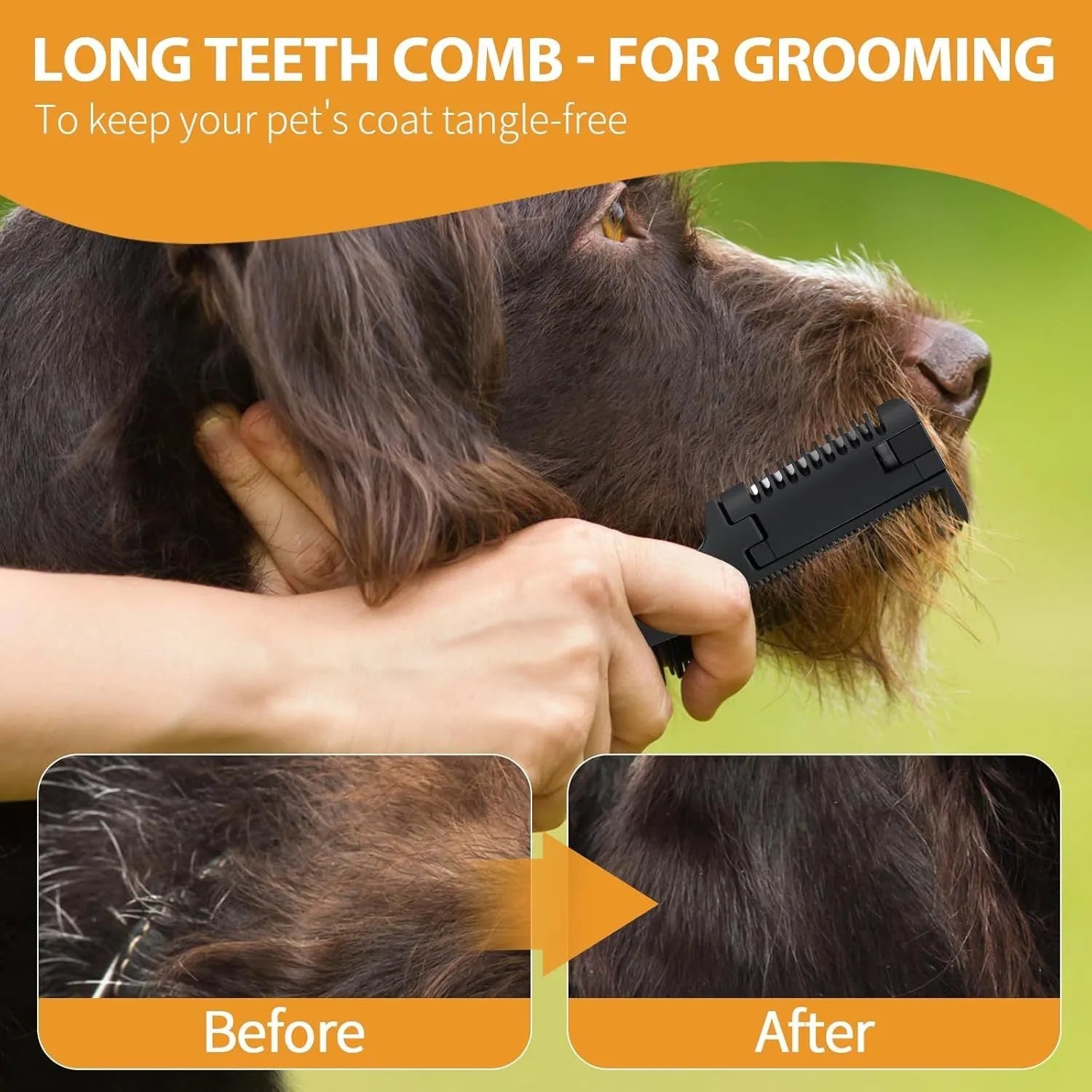 Pet razor comb and trimmer tool with comb teeth and blade, includes replacement blades, for dog and cat grooming.