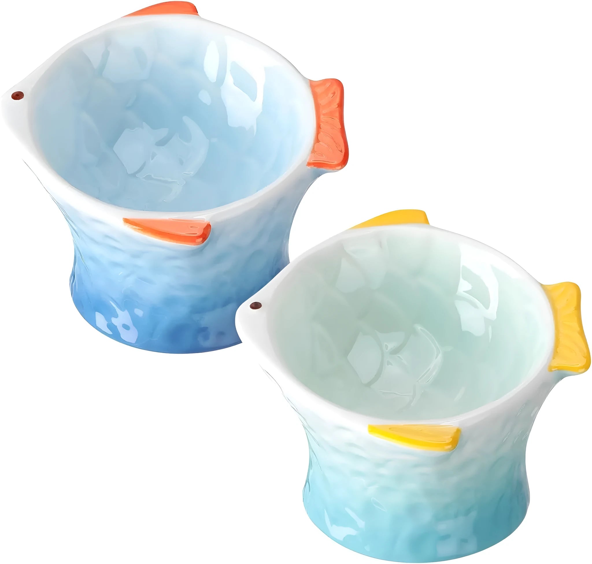 Blue fish-shaped ceramic cat bowl with tilted design on a wooden surface.