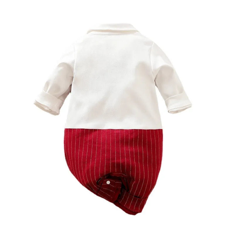 Wine red cotton baby boy romper with long sleeves and single-breasted gentleman style