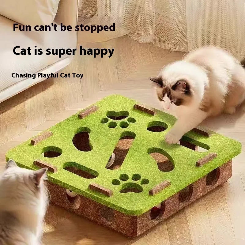 Wool felt cat scratching box toy in green brown colour, showing hollow square shape