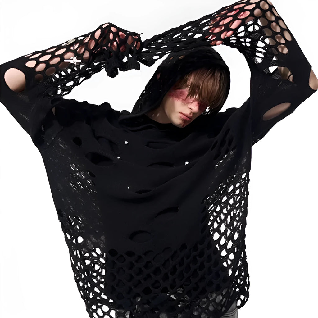 Black men's hooded sweater with pearl decorations, loose fit pullover design