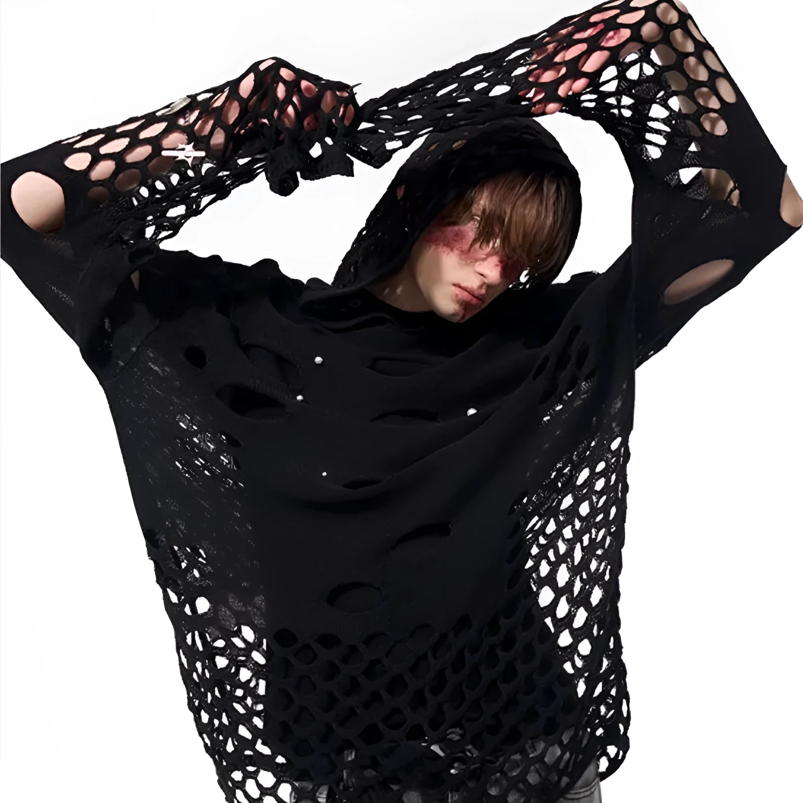 Black men's hooded sweater with pearl decorations, loose fit pullover design