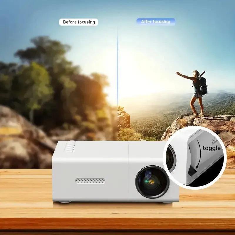 M100 mini LED projector in black or white showing 100-inch projection capability with remote control
