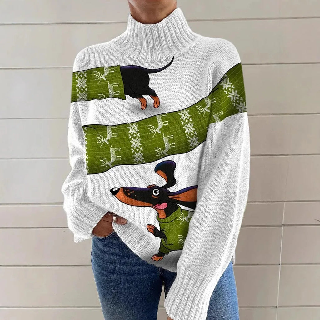 Women's Christmas printed turtleneck sweater in macaron colour with painting pattern design
