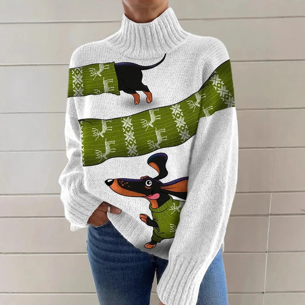 Women's Christmas printed turtleneck sweater in macaron colour with painting pattern design