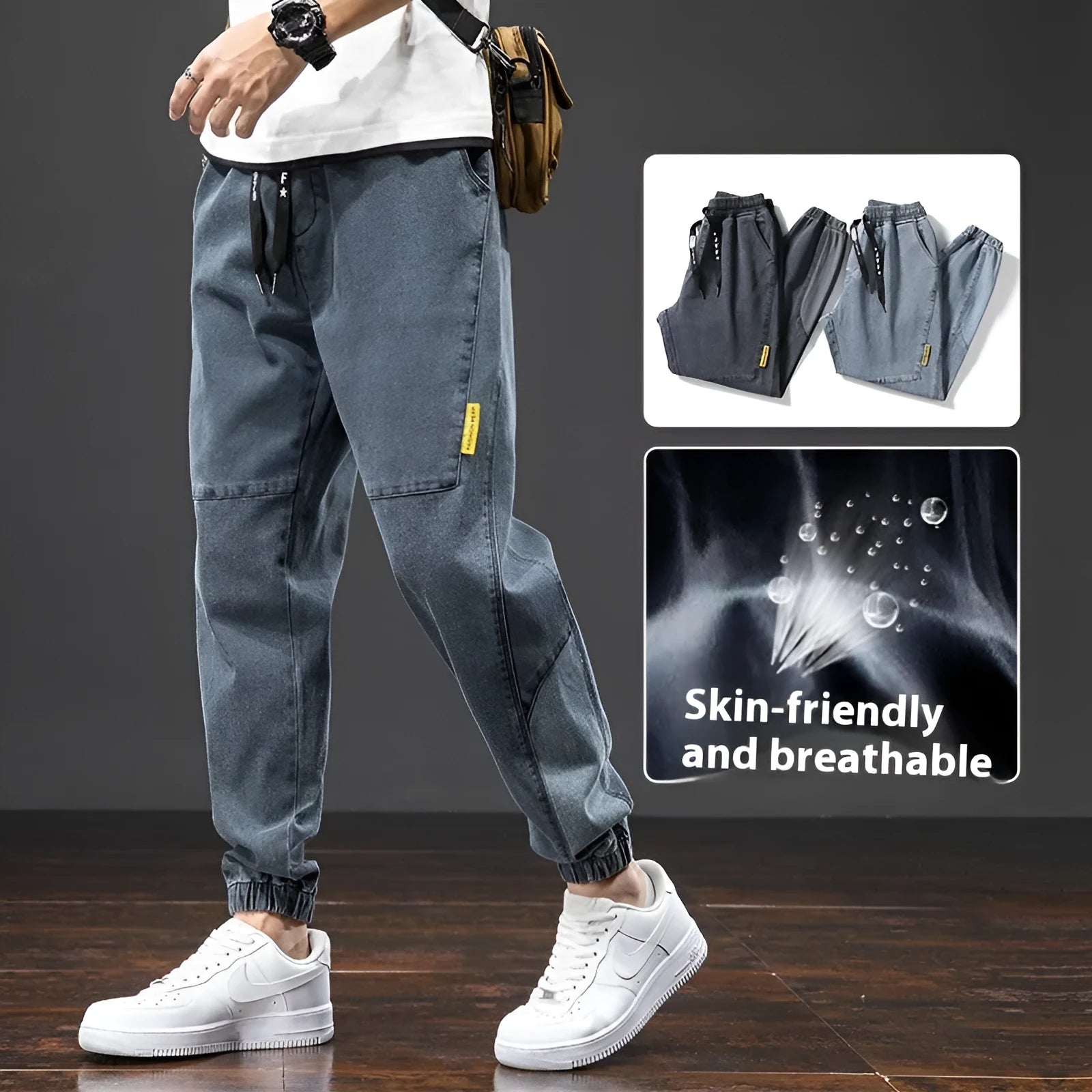 Man wearing loose blue cargo jeans with a straight leg and micro-elastic cotton fabric.
