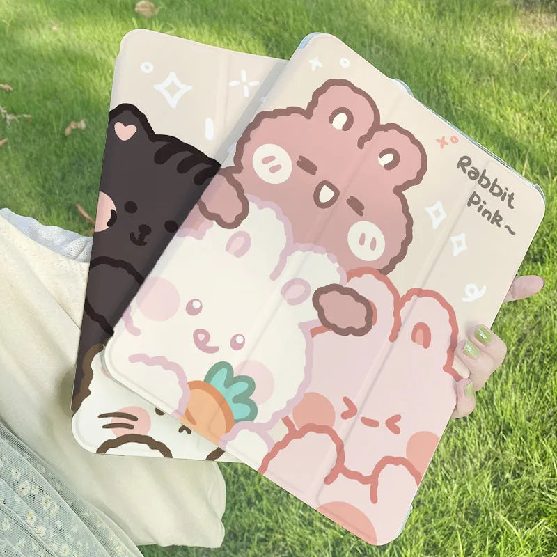 Rabbit cartoon design tri-fold silicone protective case for iPad tablets showing stand function