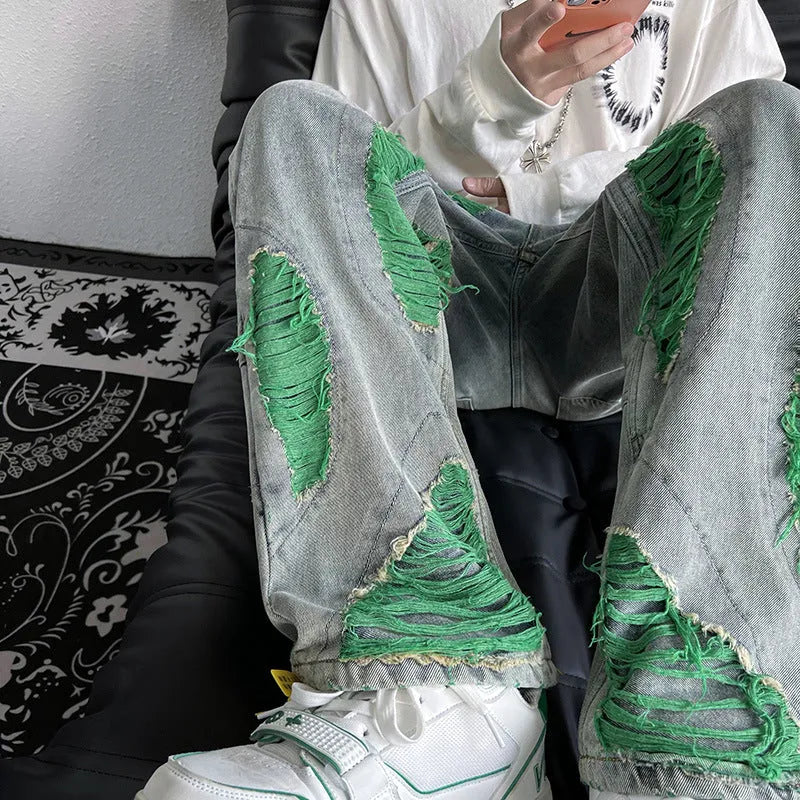 Green ripped jeans for men with raw embroidery, loose fit denim, available in sizes S to 3XL