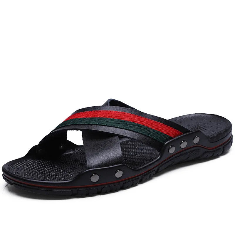 Men's white cowhide leather flip-flop beach shoes with non-slip PU soles.