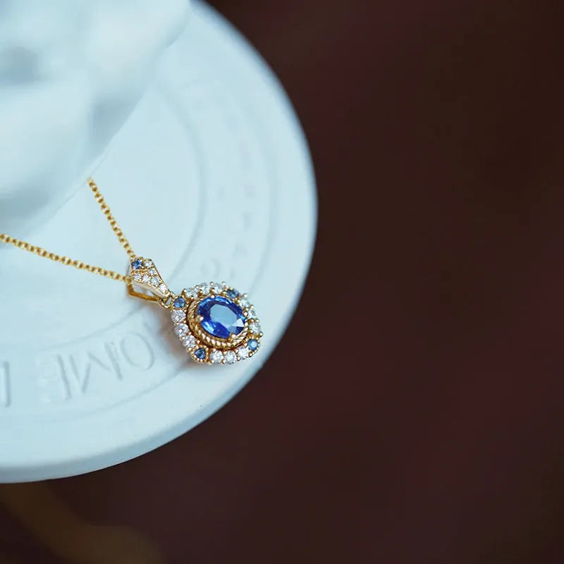 Royal necklace with mixed gem inlay pendant on golden box chain, adjustable from 21cm to 50cm