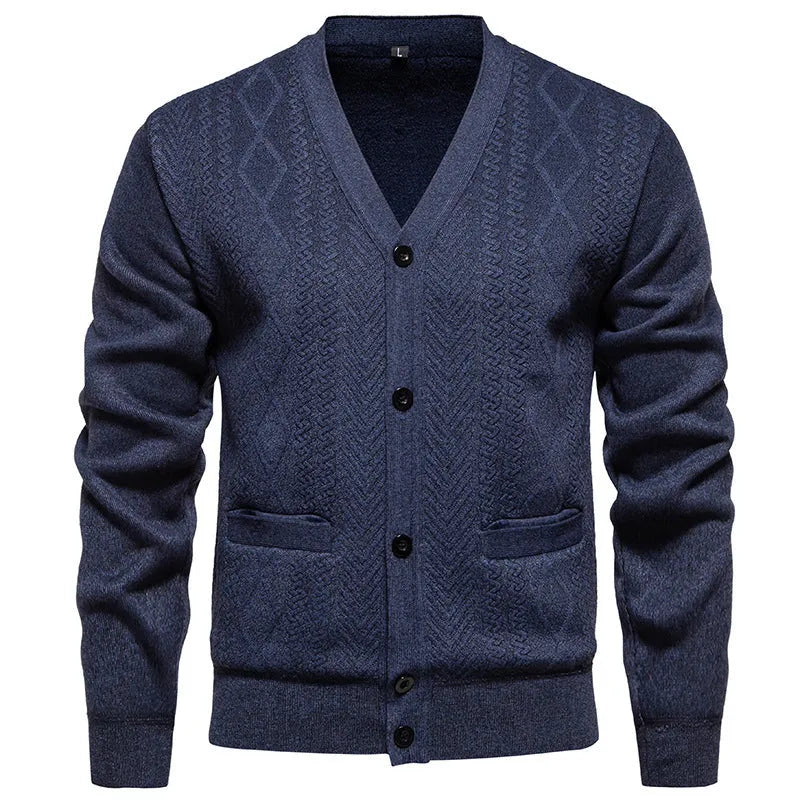 Men's striped knit cardigan in brown with wool lining, shown buttoned.