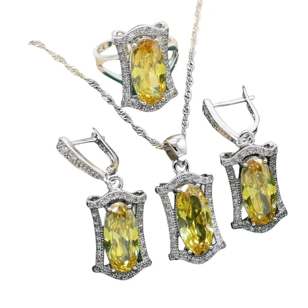 Zircon jewellery set with anti-allergy properties showing necklace, earrings, ring, and bracelet in olive green colour