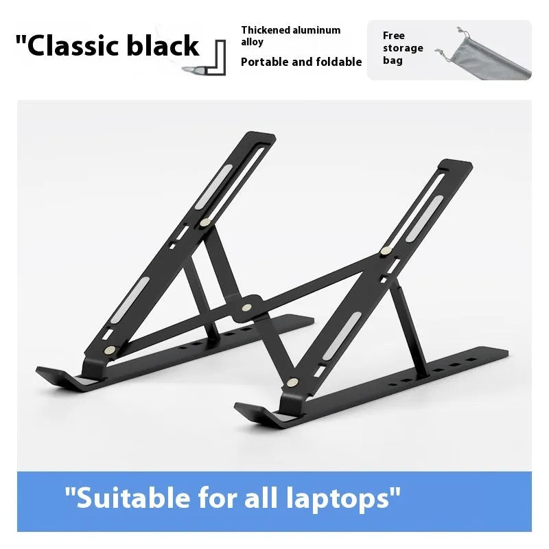 Silver aluminium folding laptop stand shown open and closed next to a laptop