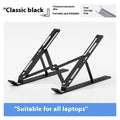 Silver aluminium folding laptop stand shown open and closed next to a laptop