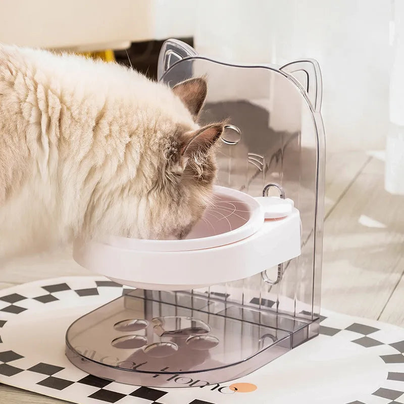 Grey and pink cat feeding bowls with anti-spill design, adjustable height, and removable hanging cage