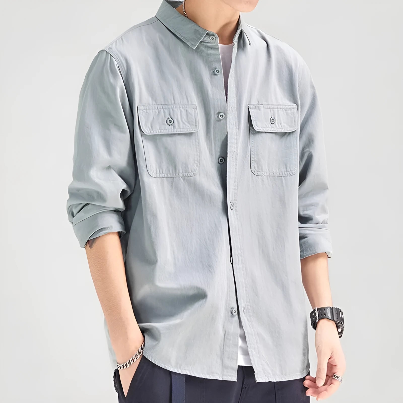 Men's loose style long sleeve shirt overalls cardigan in polyester fibre