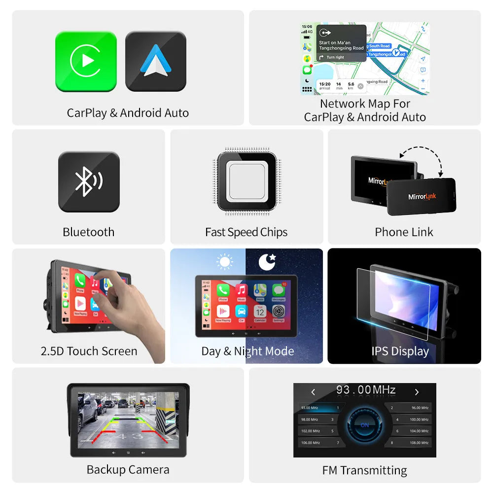7-inch wireless CarPlay display with cigarette lighter cable and suction cup mount for car dashboard installation