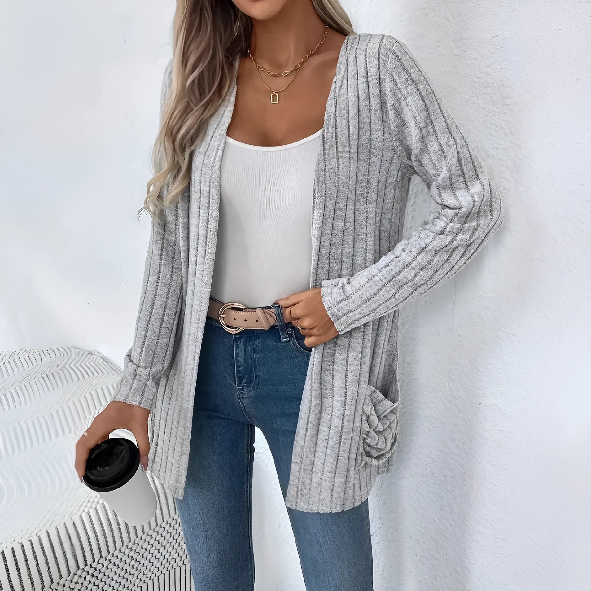 Loose fit solid colour long sleeve cardigan in granny grey with pocket styling and regular sleeves