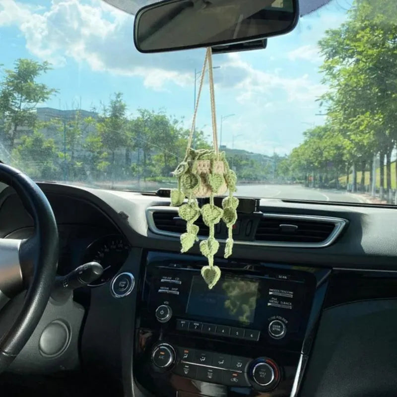 Green and white knitted wool car plant decoration with 8cm base and 25cm rope