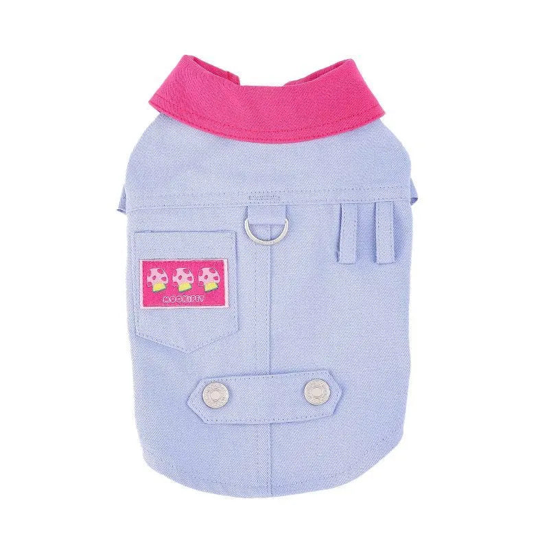 Blue and purple polyester summer dog vest with traction rope ring for small dogs