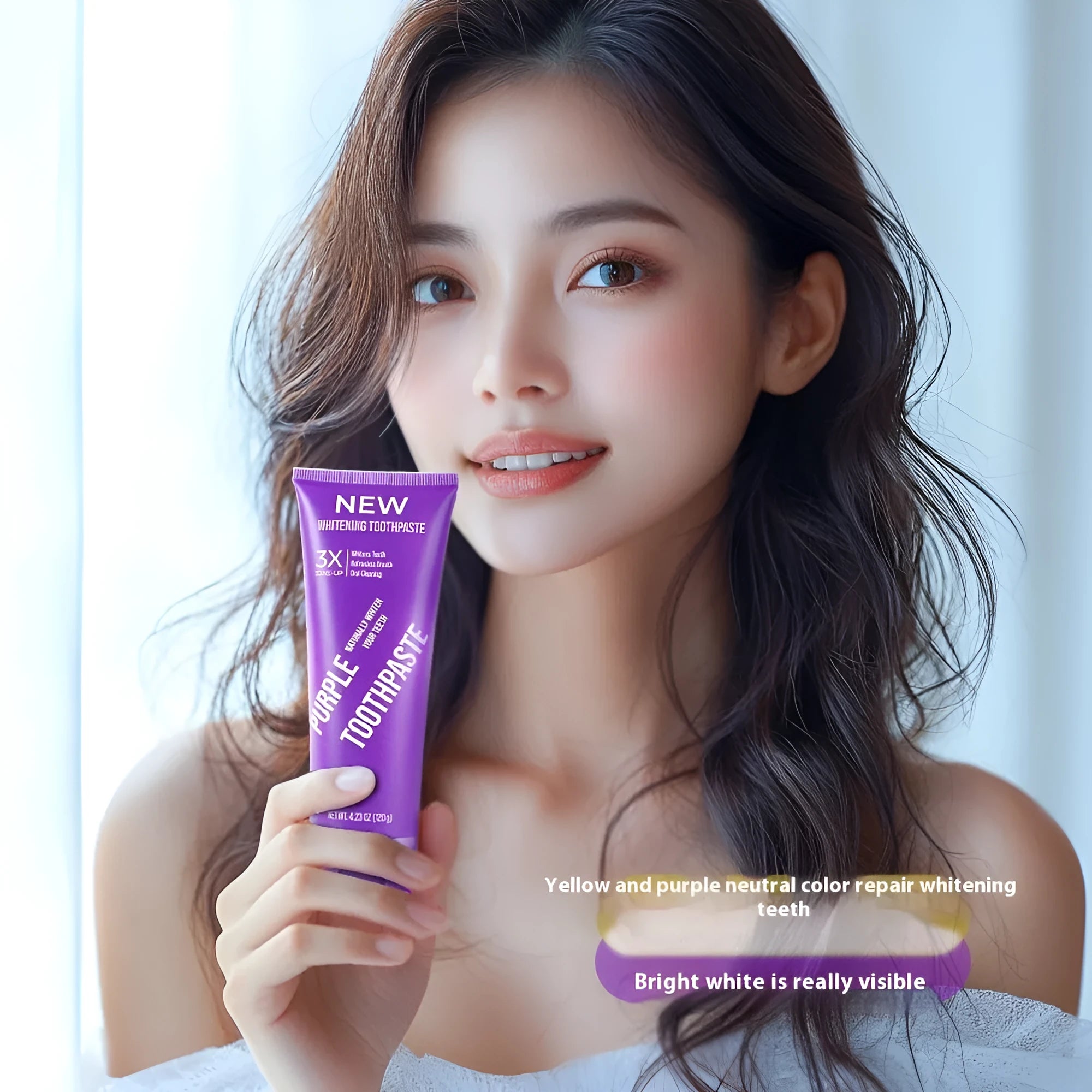 Purple whitening toothpaste tube for yellow stain removal in 120g and 65g sizes
