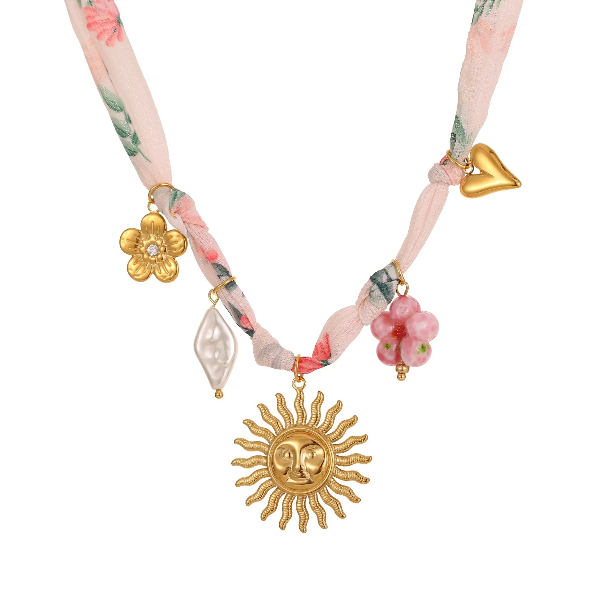 Gold plated stainless steel necklace with a choice of a geometric sun or heart pendant on a 41-50cm chain.