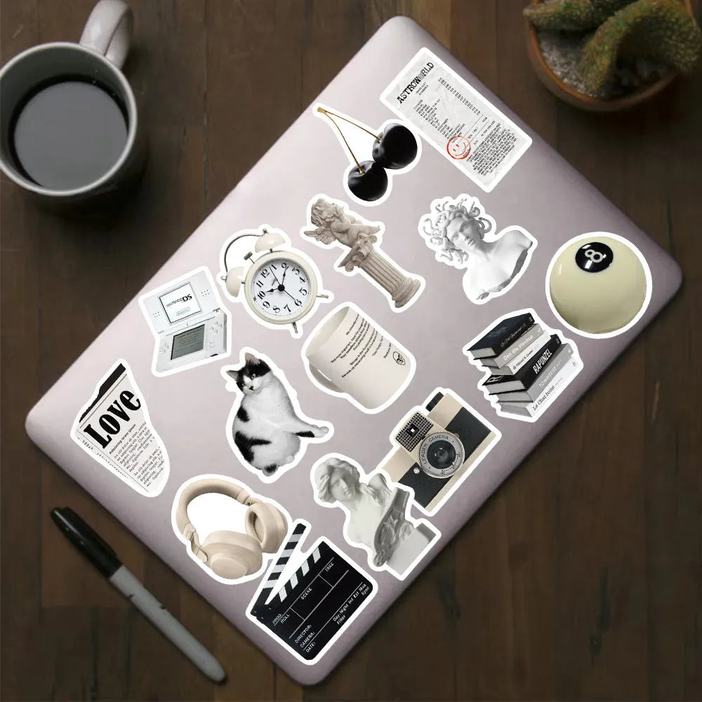 61-piece black and white PVC waterproof stickers for laptops and coffee cup painting