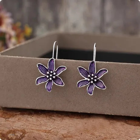 Purple flower earrings with alloy electroplated construction and floral design jewellery