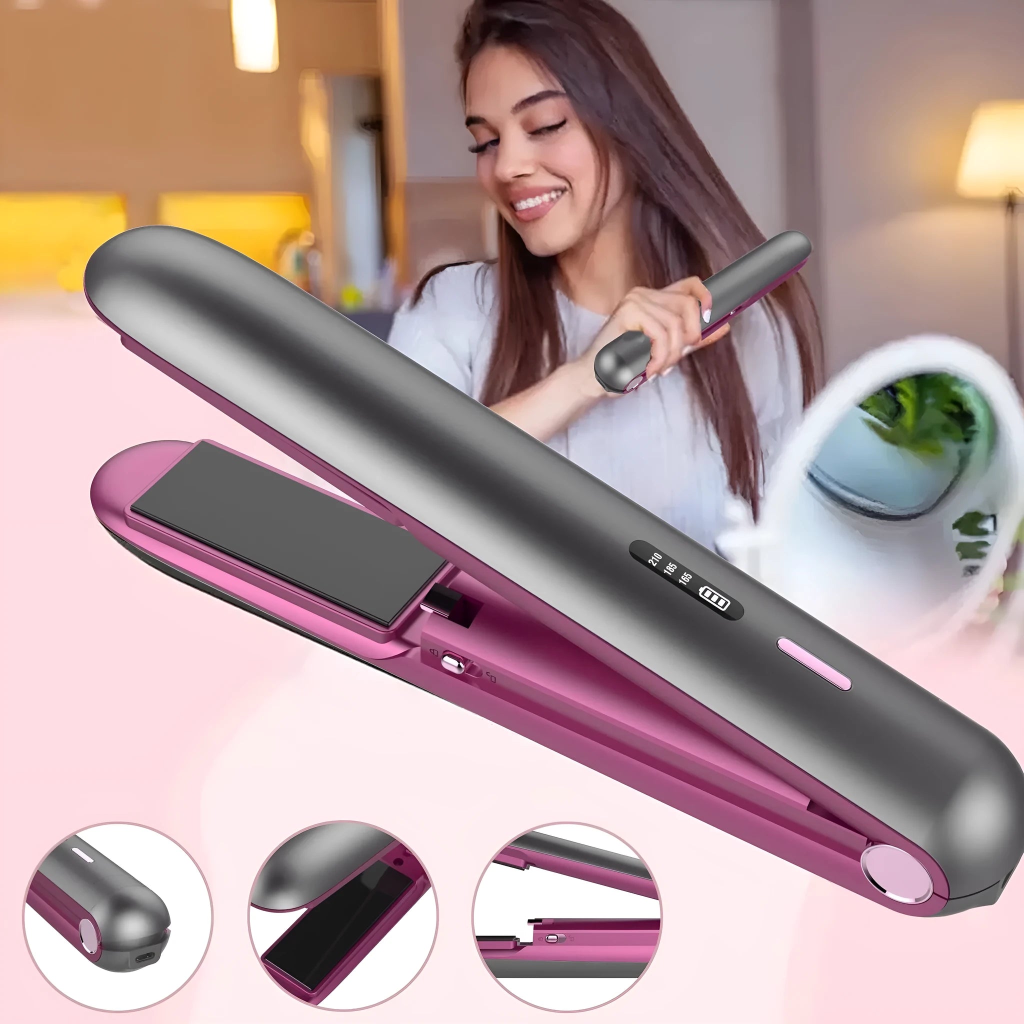 Moon shadow grey wireless hair straightener with ceramic plates for curling and straightening