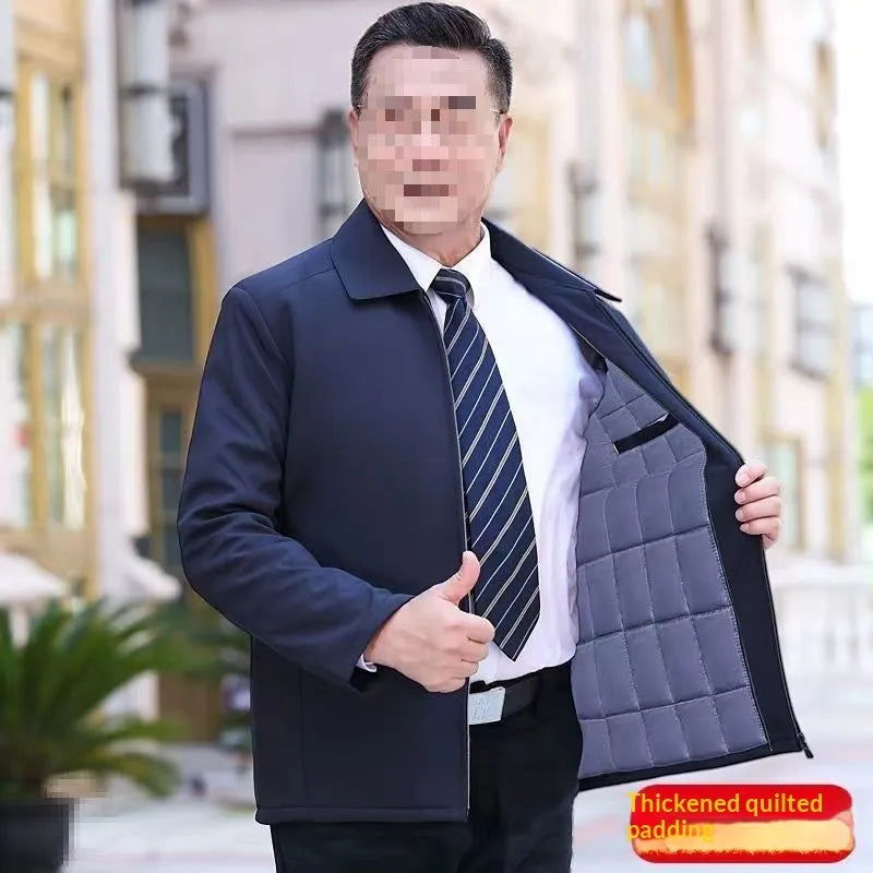 Men's padded thick nylon cotton coat in blue with zipper and button closure, Asian size 170-190