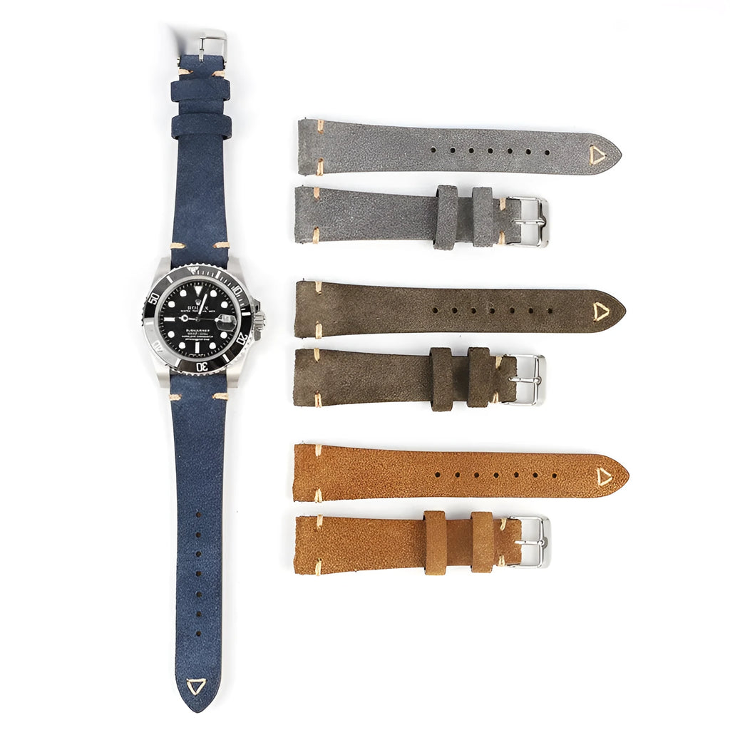 Genuine suede leather watch strap showing small waist design in available colours