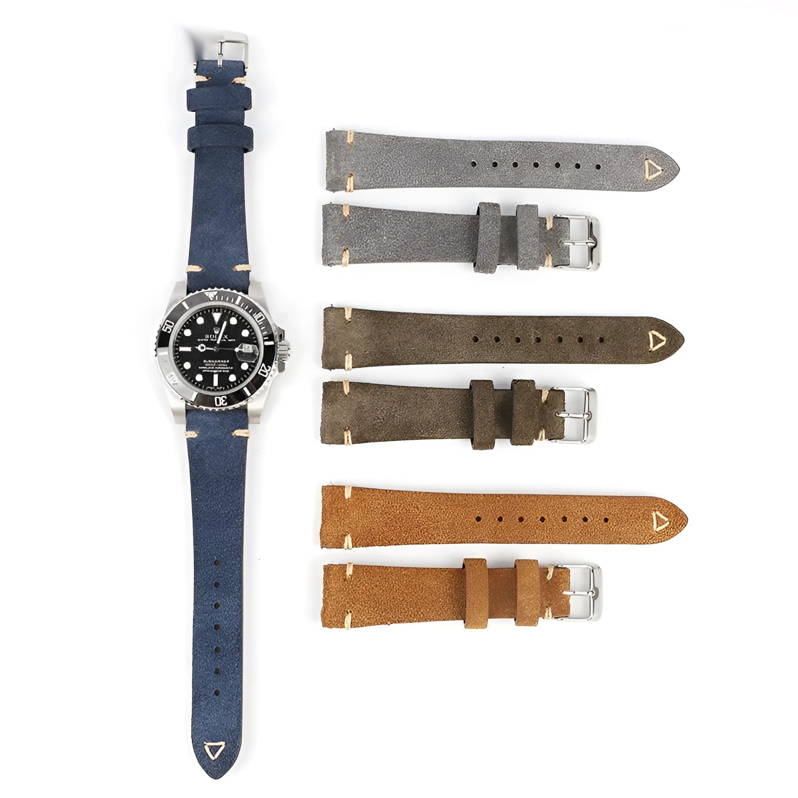Genuine suede leather watch strap showing small waist design in available colours
