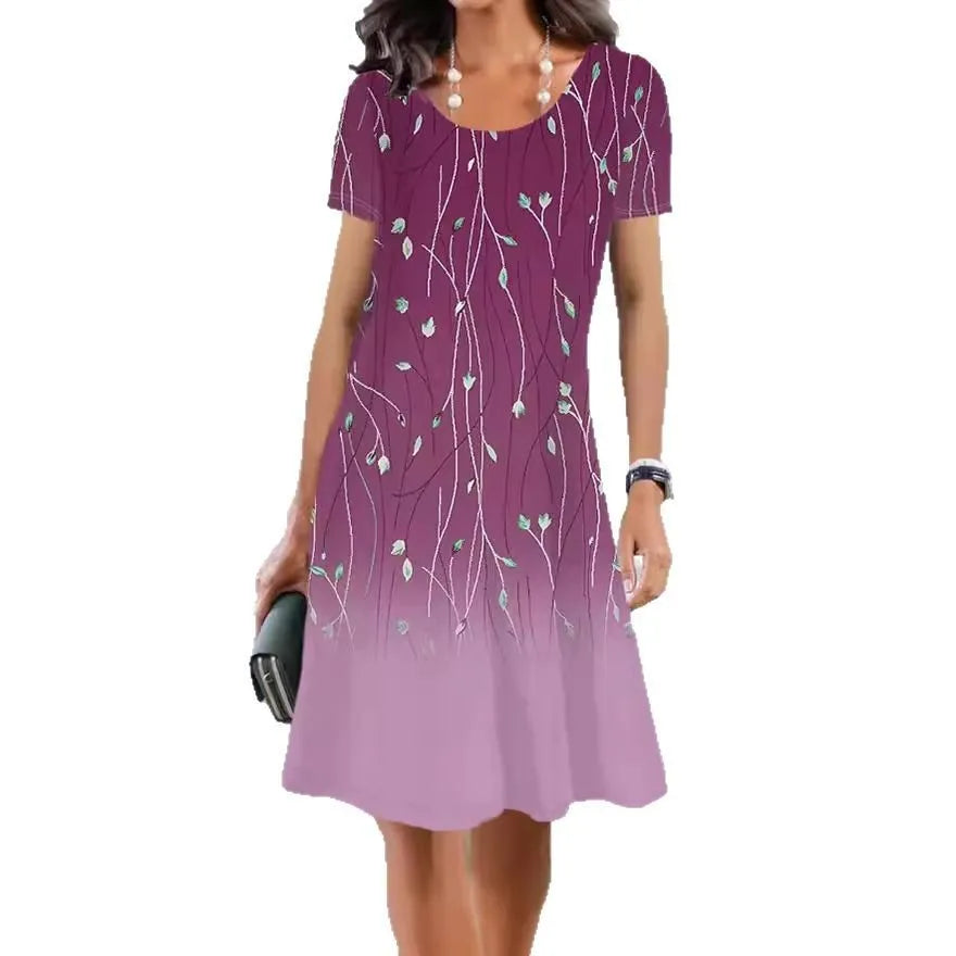 Women's floral print mid-length A-line summer dress on a hanger