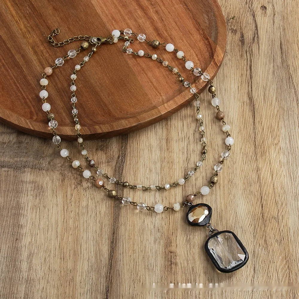 Tribal style two-layer necklace with stone and glass pendant on adjustable 31-40cm chain