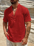 Men's solid colour short sleeve shirt with stand collar in thin chemical fibre blend fabric